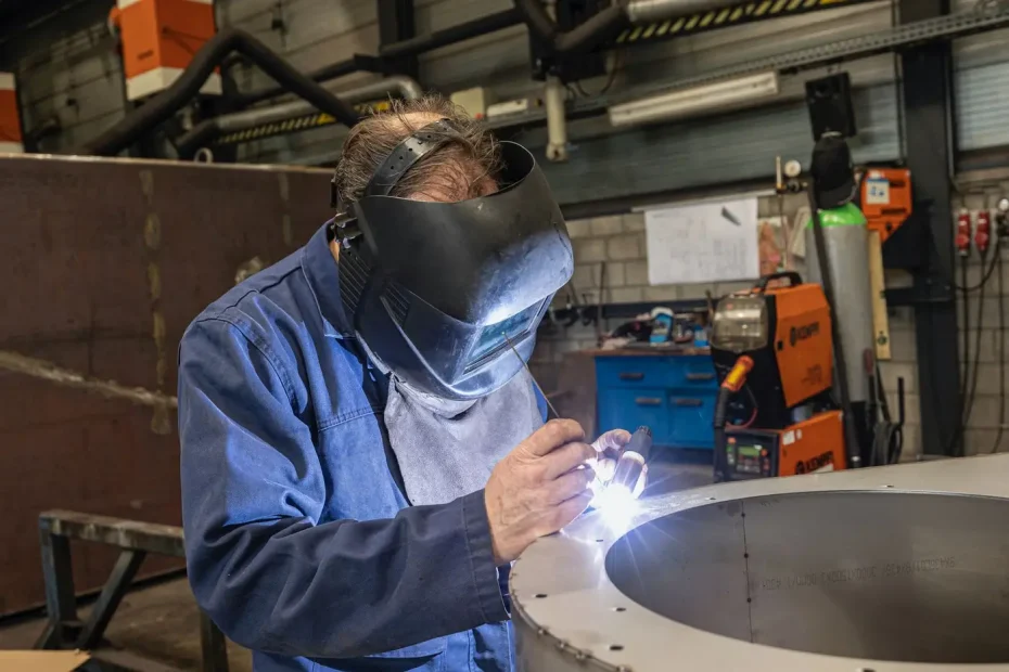 Soudeur à l'établi soudant une pièce métallique en atelier